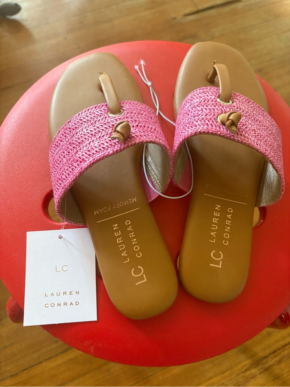 LC Lauren Conrad Pink Braided Toe-Loop Sandals with Tan Footbed, Memory Foam